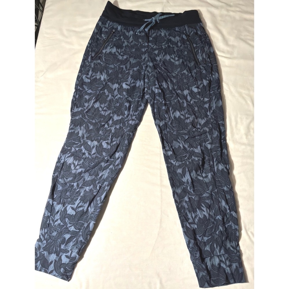 Athleta La Viva Jogger Pants Blue Black Floral Jacquard Knit Waistband Size 4